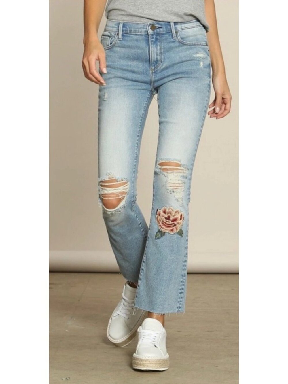 Driftwood Roxy Crop Kick Flare Floral Embroidered Jeans Boho Distressed 31